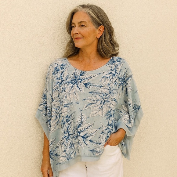 Cynthia Rowley linen blend boxy tropical poncho top Size 1X blue and white - Picture 1 of 11
